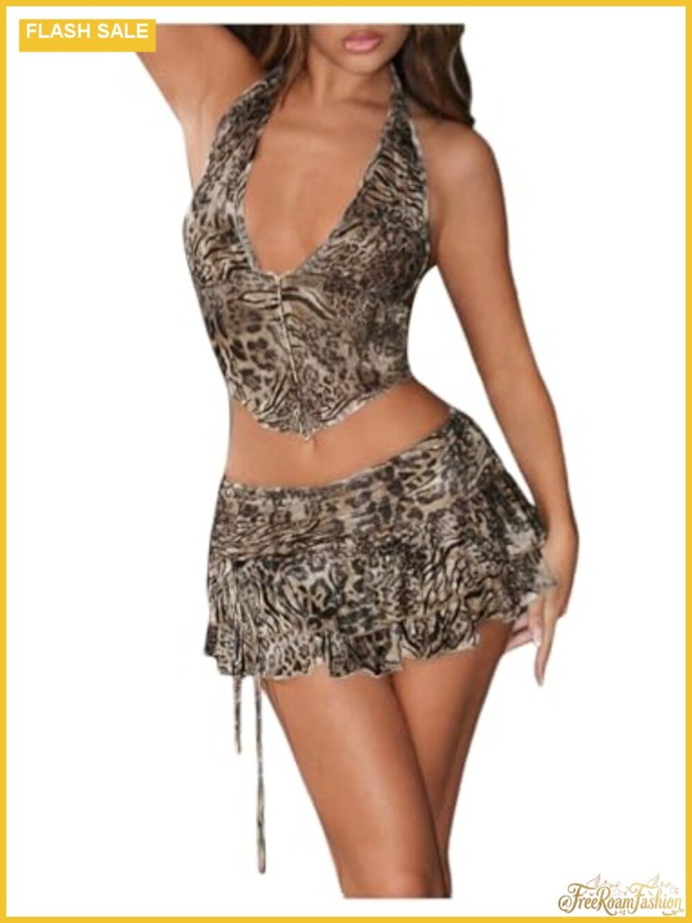 SOLY HUX 2 Piece Skirt Set Halter Crop Top Ruffle Hem Y2K Outfit